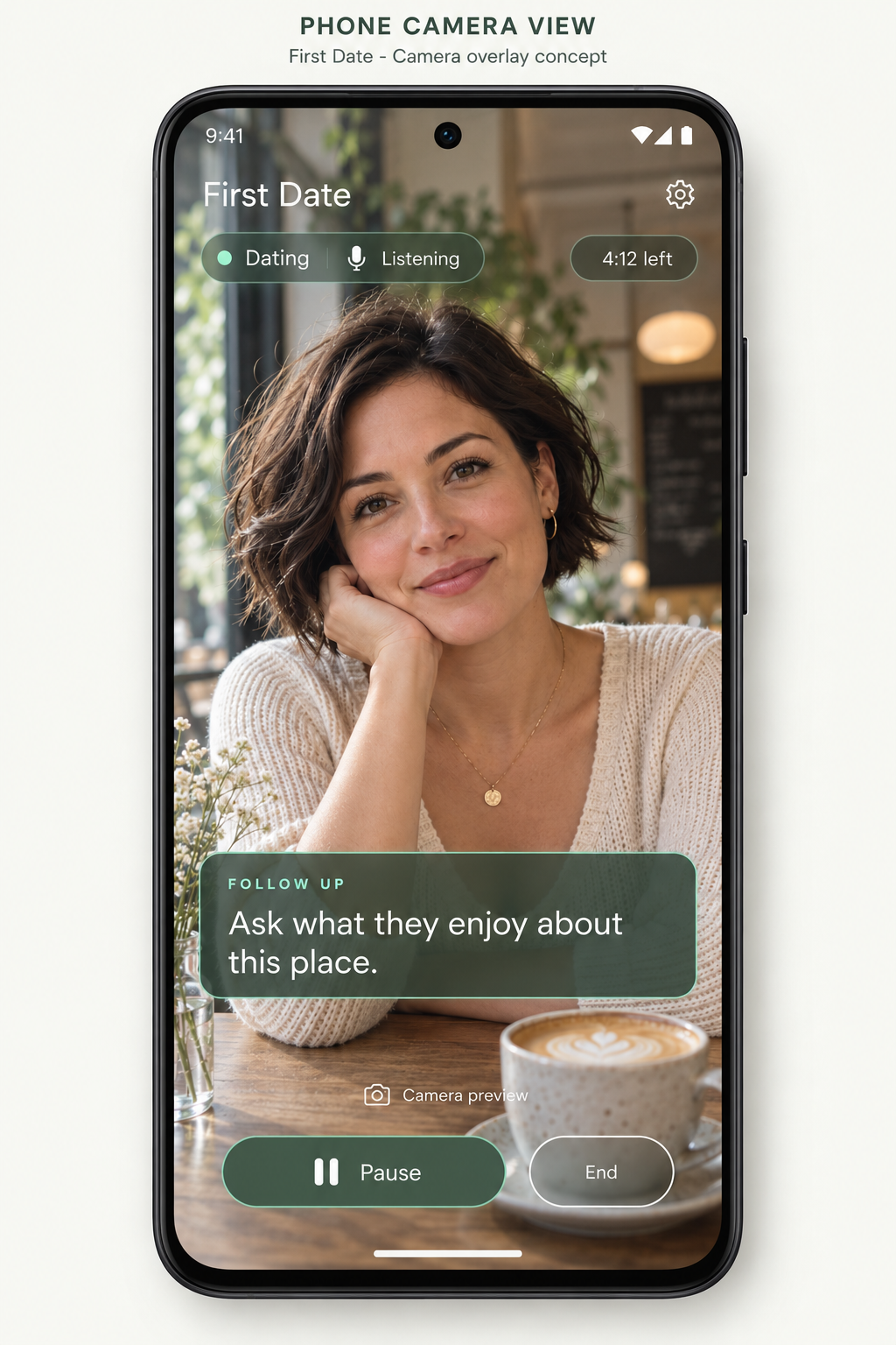 Illustrative phone companion concept matching the XR view: a fictional café conversation, a follow-up cue below the person's face, and prominent Pause and End controls.
