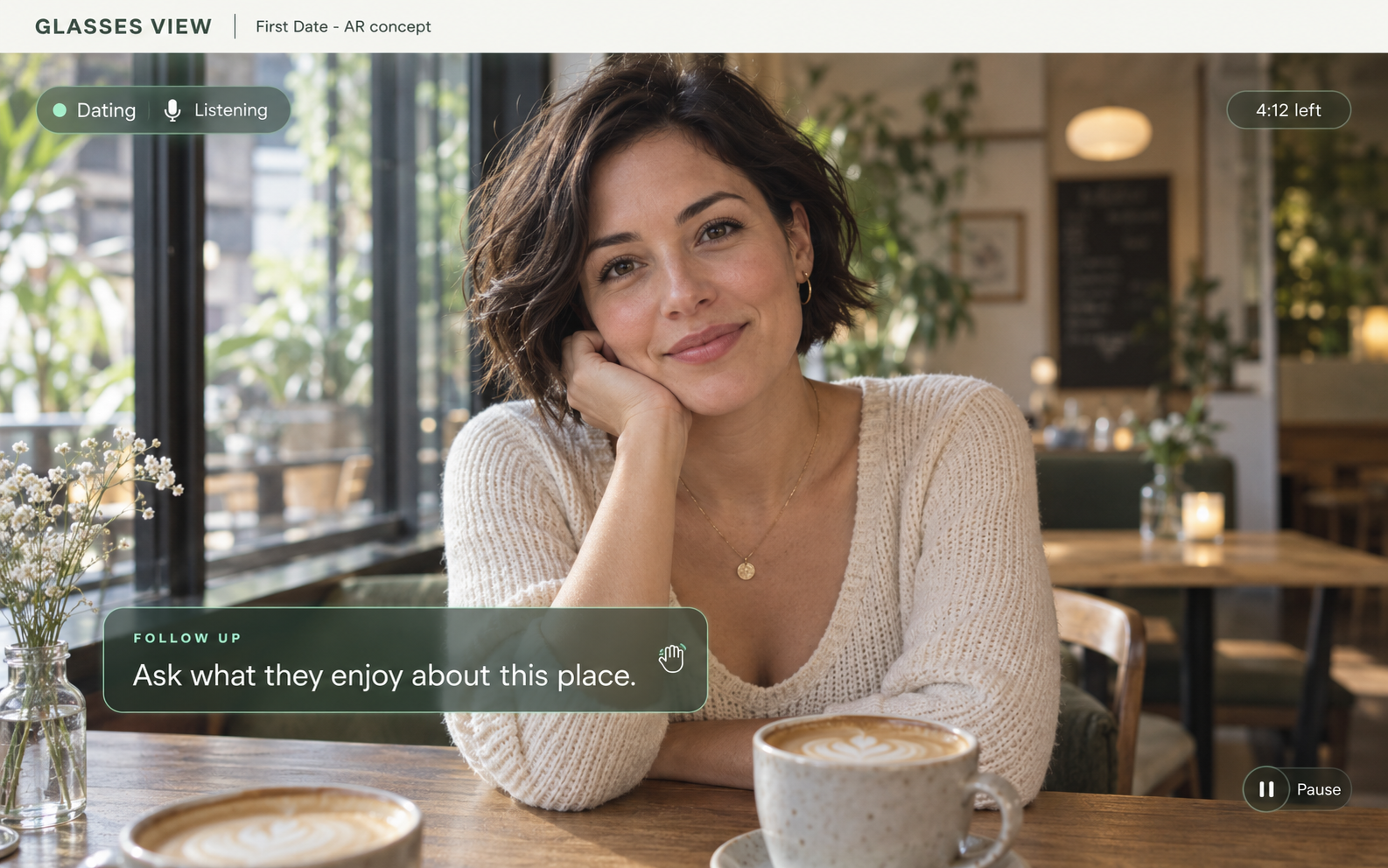 Illustrative First Date XR concept: a fictional adult conversation in a café, with one small translucent cue reading Ask what they enjoy about this place, peripheral status and a Pause control.